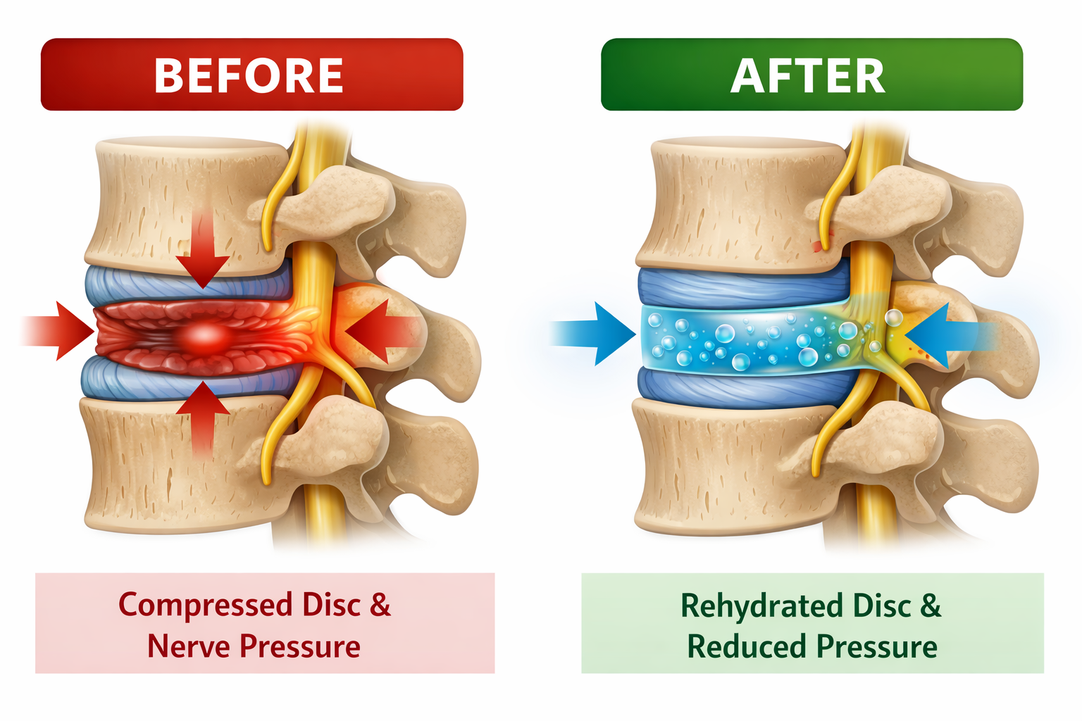 Healthy disc vs degenerative disc comparison showing loss of height